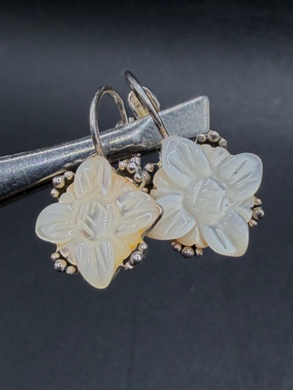 Vintage Handmade Etched Pearlescent Feminine Floral Flower Earrings, Jewelry
